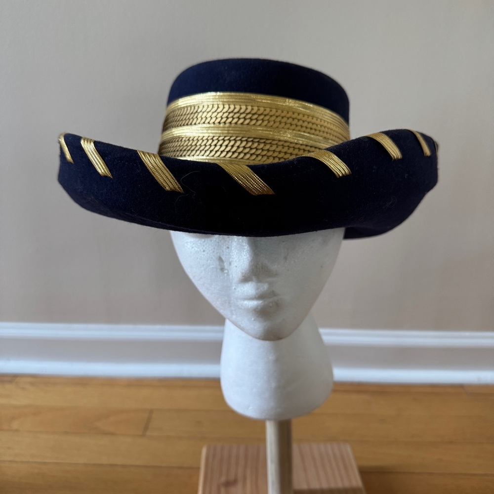 Vintage 1980s Blue and Gold Women's Wool Doeskin Hat NWT